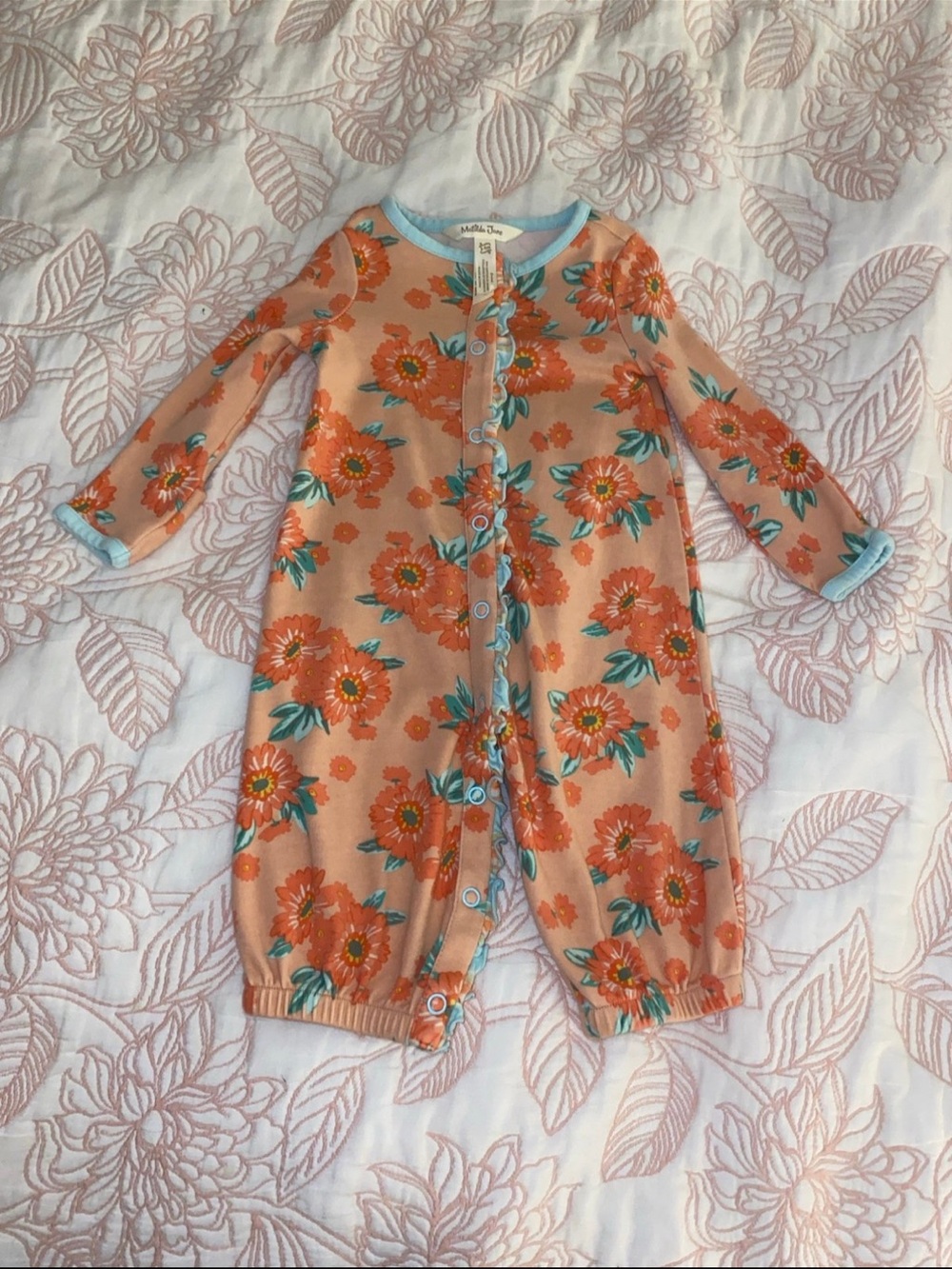 Matilda Jane Peach Floral Footed One-Piece with Teal Trim